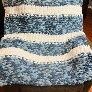 Plush Blue and White Striped Throw Blanket